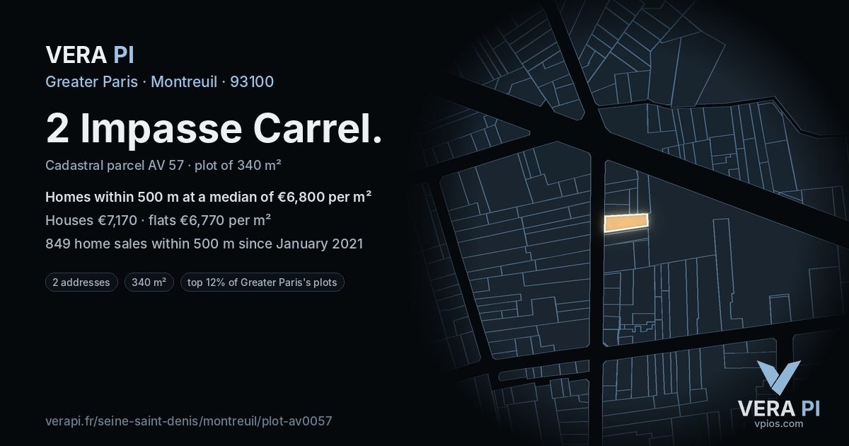 2 Impasse Carrel, Montreuil at night – the plot lit, the parcels around coloured by the prices near them