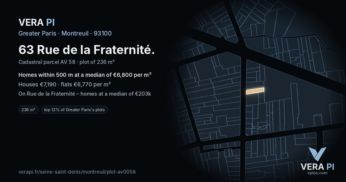63 Rue de la Fraternité, Montreuil at night – the plot lit, the parcels around coloured by the prices near them