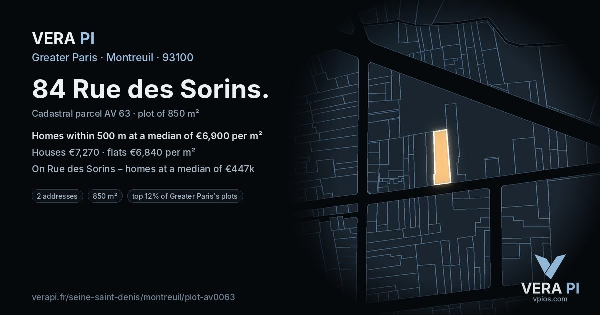 84 Rue des Sorins, Montreuil at night – the plot lit, the parcels around coloured by the prices near them