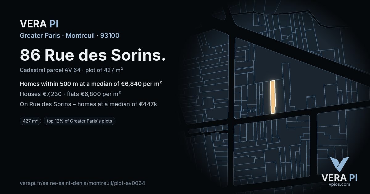 86 Rue des Sorins, Montreuil at night – the plot lit, the parcels around coloured by the prices near them