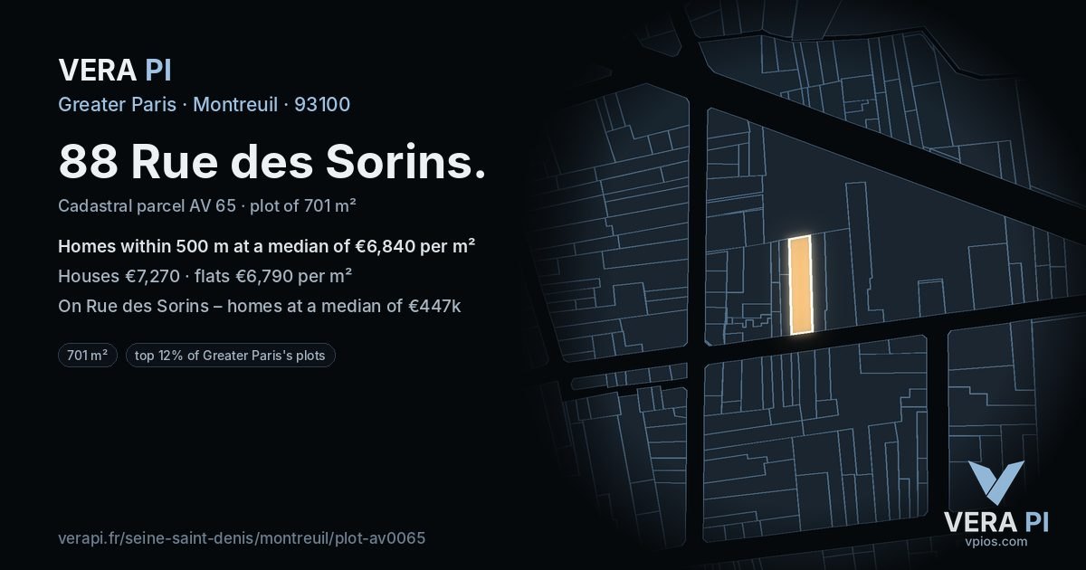 88 Rue des Sorins, Montreuil at night – the plot lit, the parcels around coloured by the prices near them