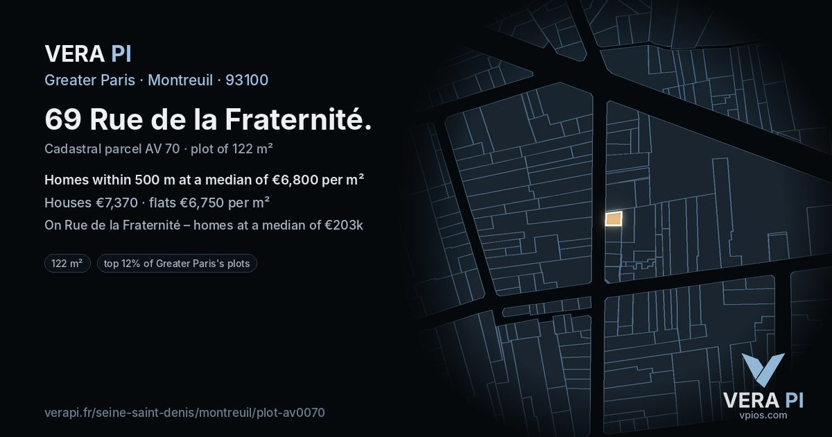 69 Rue de la Fraternité, Montreuil at night – the plot lit, the parcels around coloured by the prices near them