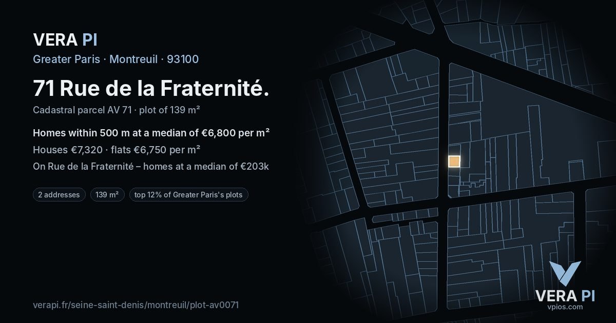 71 Rue de la Fraternité, Montreuil at night – the plot lit, the parcels around coloured by the prices near them