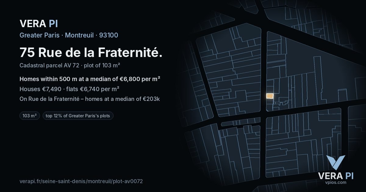 75 Rue de la Fraternité, Montreuil at night – the plot lit, the parcels around coloured by the prices near them