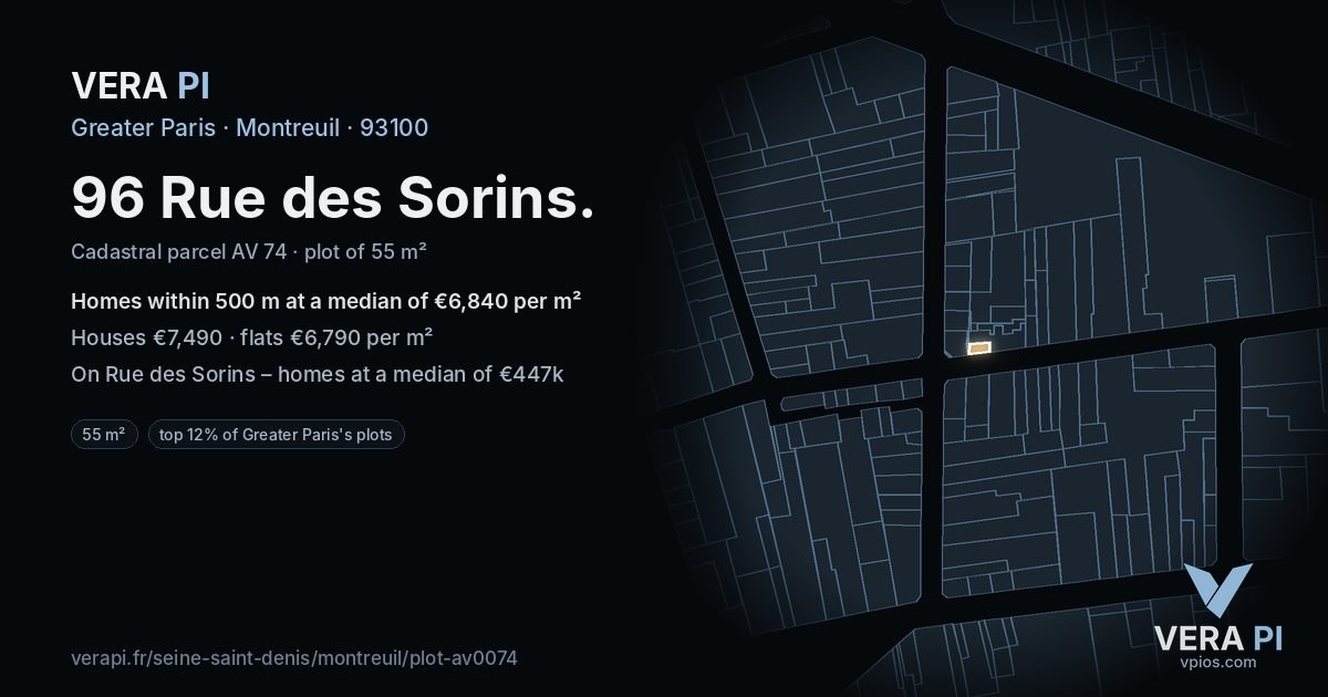 96 Rue des Sorins, Montreuil at night – the plot lit, the parcels around coloured by the prices near them