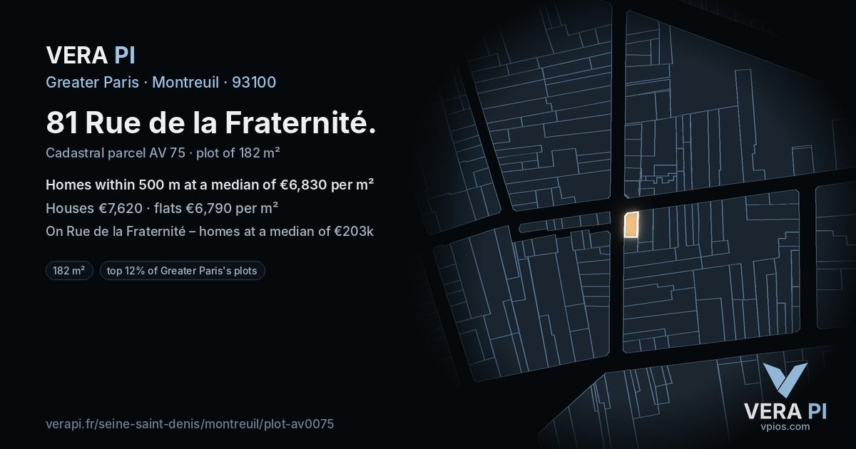 81 Rue de la Fraternité, Montreuil at night – the plot lit, the parcels around coloured by the prices near them