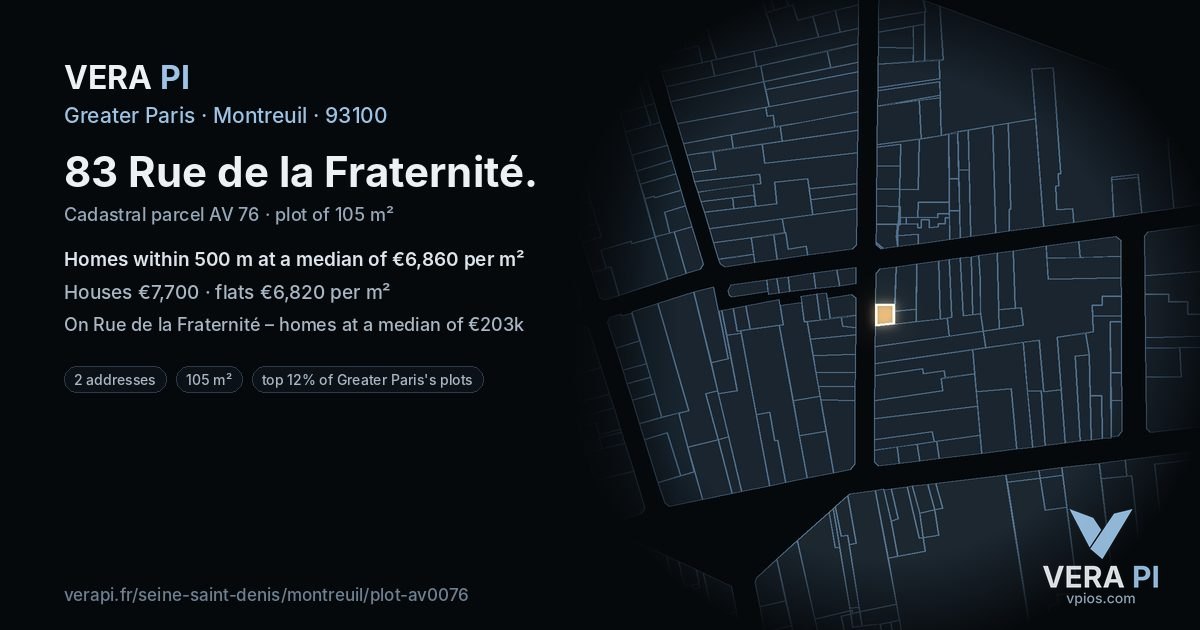 83 Rue de la Fraternité, Montreuil at night – the plot lit, the parcels around coloured by the prices near them