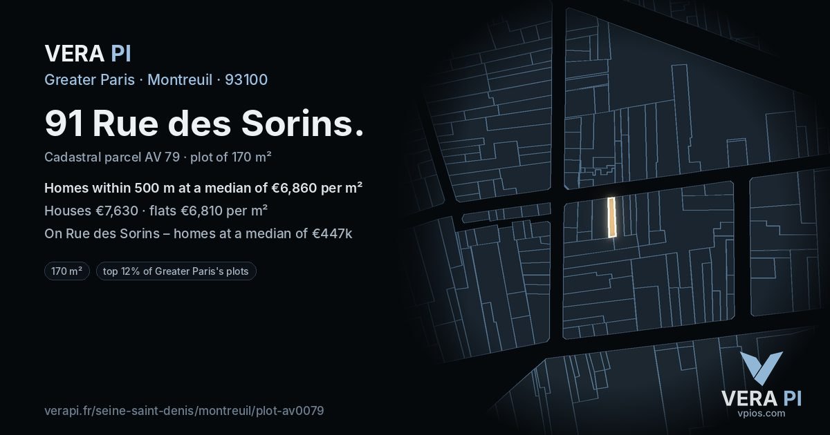 91 Rue des Sorins, Montreuil at night – the plot lit, the parcels around coloured by the prices near them