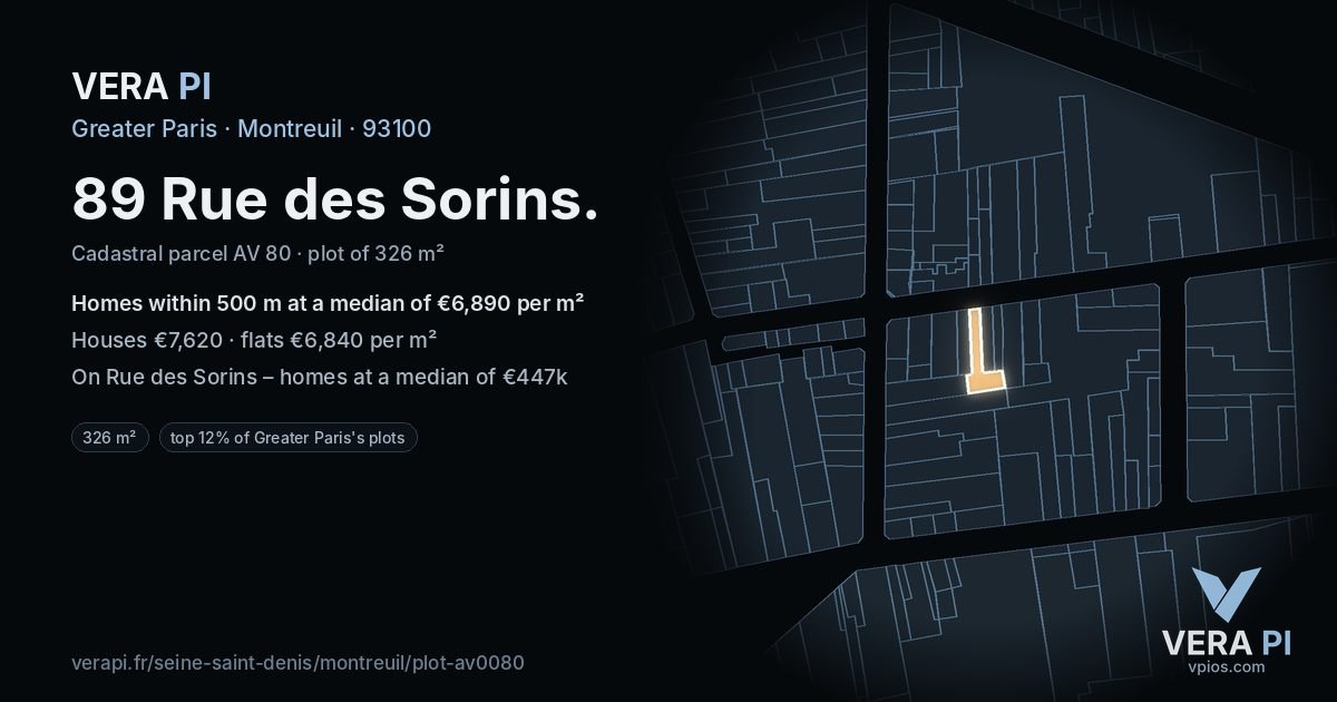 89 Rue des Sorins, Montreuil at night – the plot lit, the parcels around coloured by the prices near them