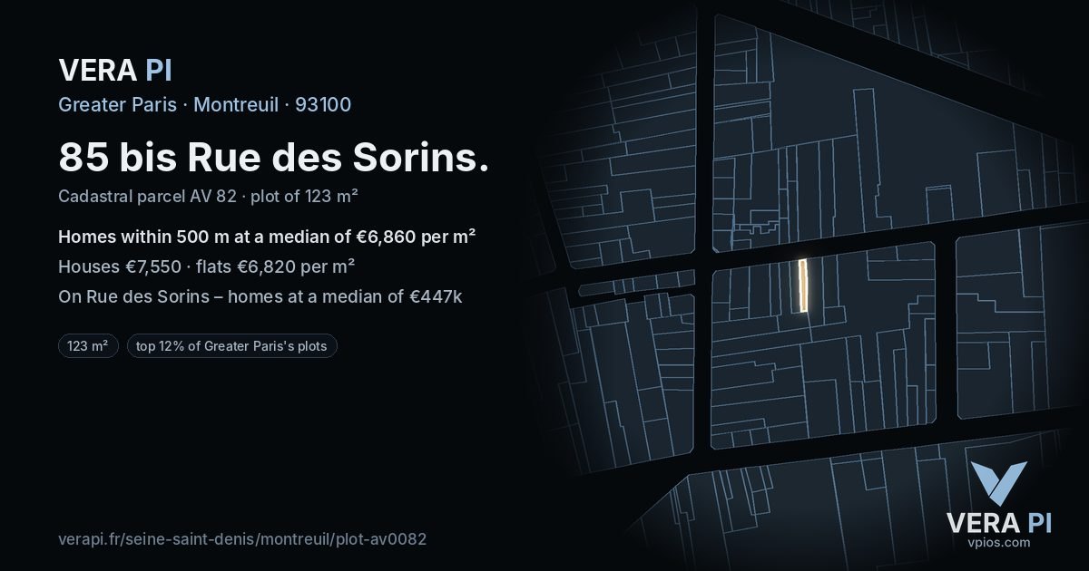85 bis Rue des Sorins, Montreuil at night – the plot lit, the parcels around coloured by the prices near them