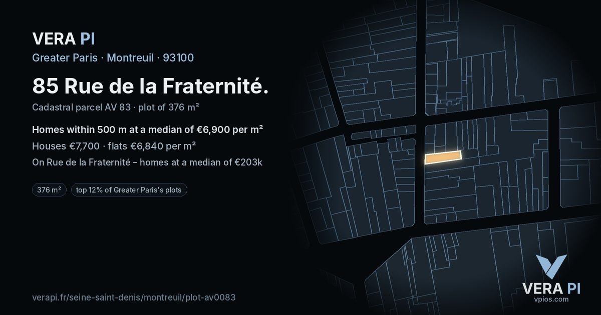 85 Rue de la Fraternité, Montreuil at night – the plot lit, the parcels around coloured by the prices near them