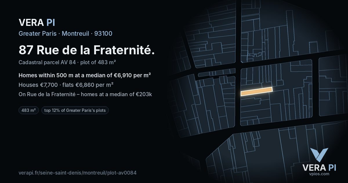 87 Rue de la Fraternité, Montreuil at night – the plot lit, the parcels around coloured by the prices near them