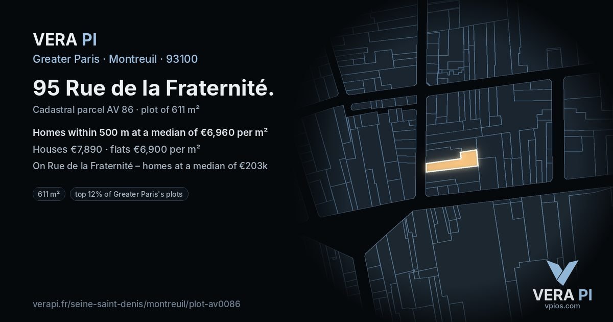 95 Rue de la Fraternité, Montreuil at night – the plot lit, the parcels around coloured by the prices near them