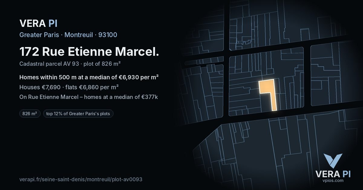 172 Rue Etienne Marcel, Montreuil at night – the plot lit, the parcels around coloured by the prices near them