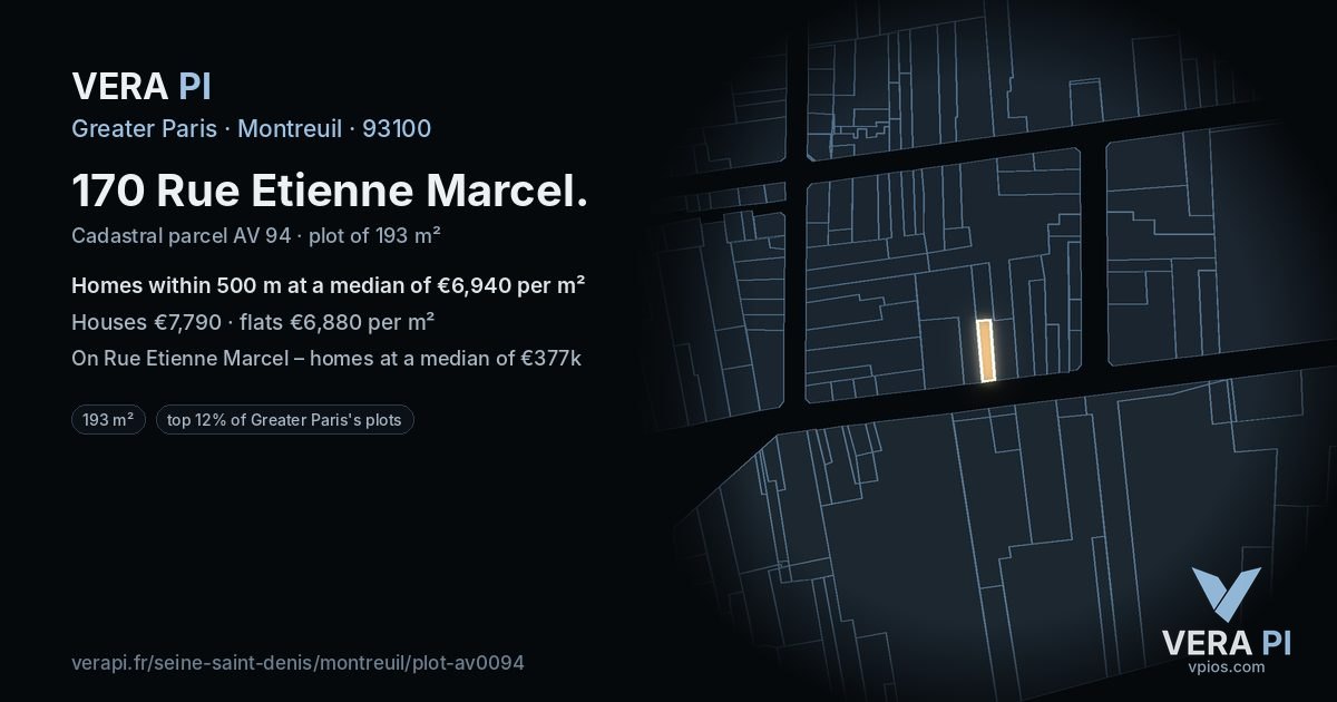 170 Rue Etienne Marcel, Montreuil at night – the plot lit, the parcels around coloured by the prices near them