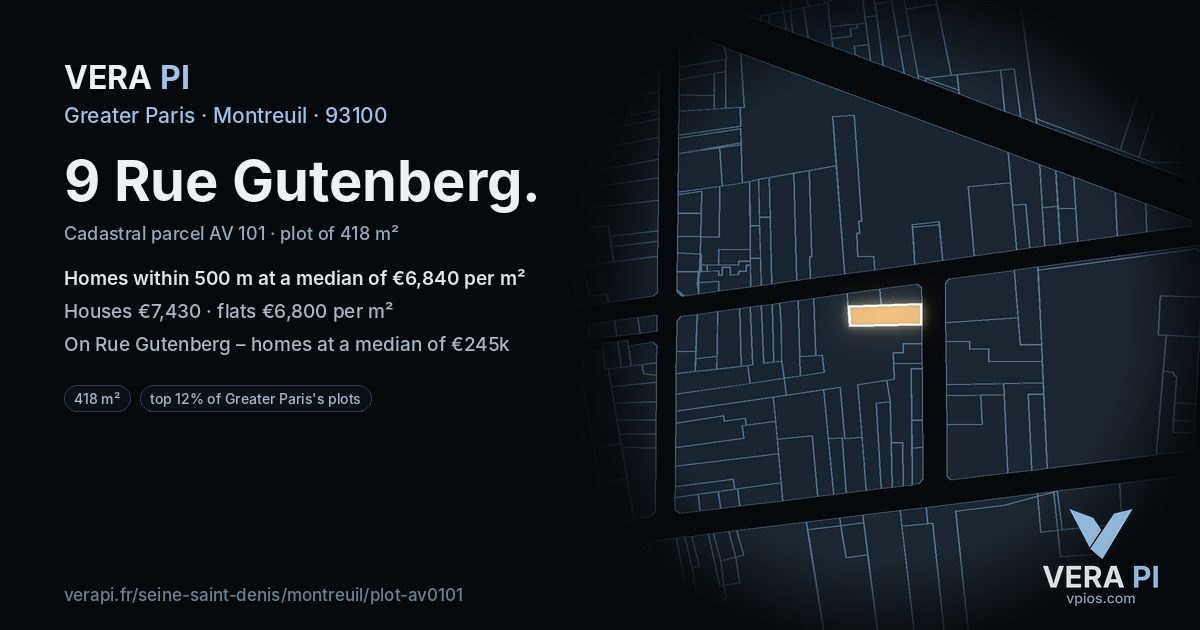 9 Rue Gutenberg, Montreuil at night – the plot lit, the parcels around coloured by the prices near them