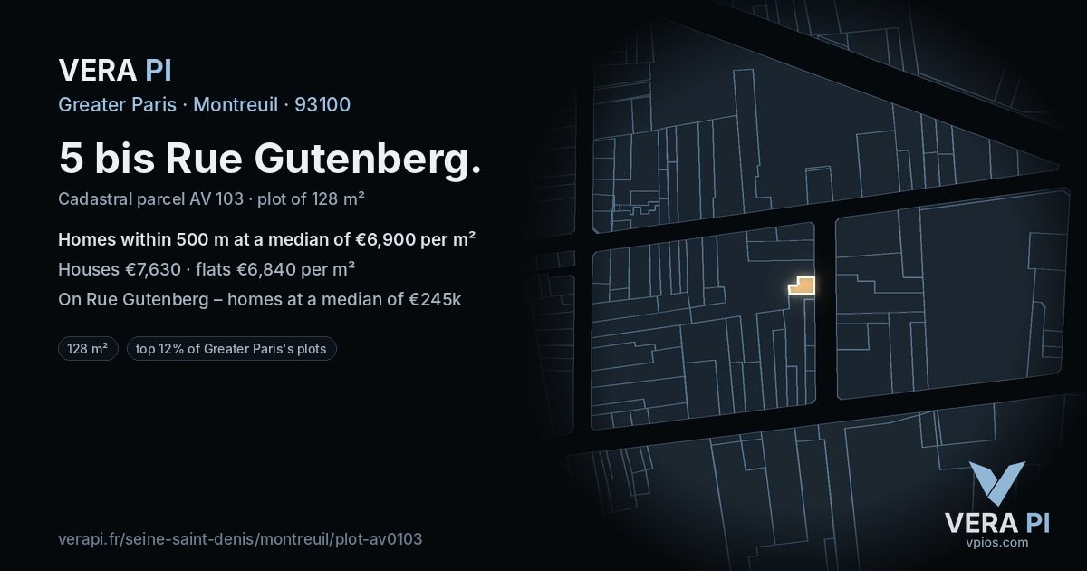 5 bis Rue Gutenberg, Montreuil at night – the plot lit, the parcels around coloured by the prices near them
