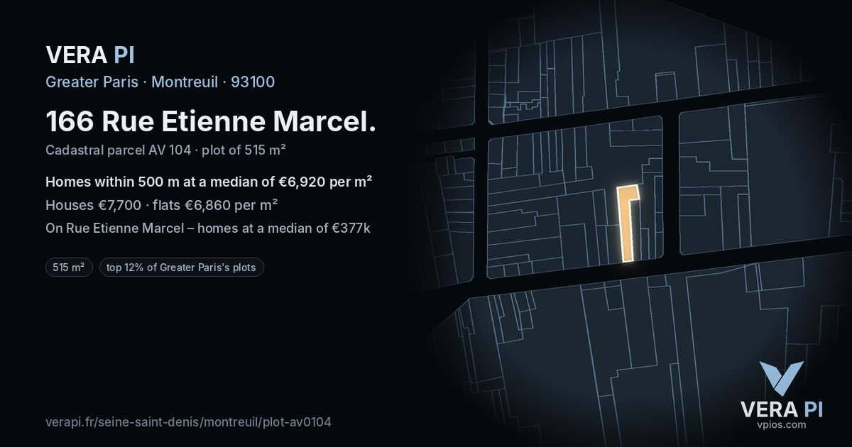 166 Rue Etienne Marcel, Montreuil at night – the plot lit, the parcels around coloured by the prices near them
