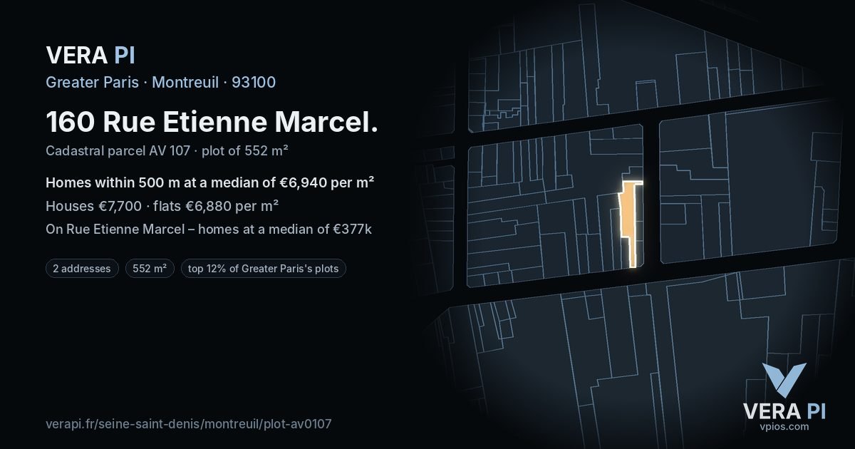 160 Rue Etienne Marcel, Montreuil at night – the plot lit, the parcels around coloured by the prices near them