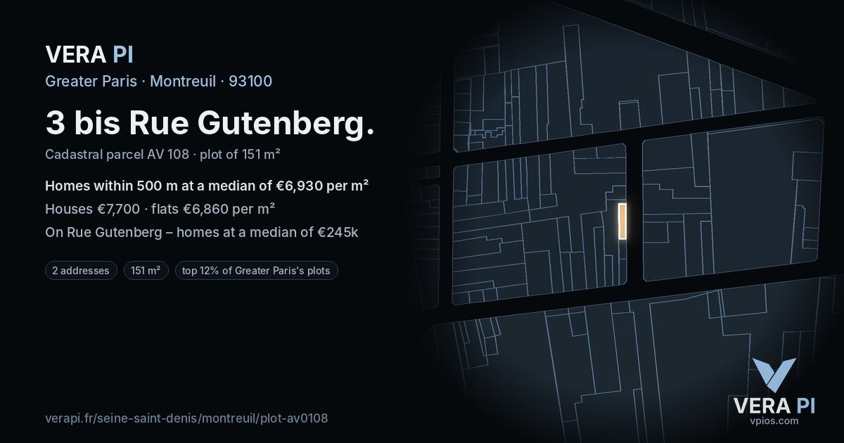 3 bis Rue Gutenberg, Montreuil at night – the plot lit, the parcels around coloured by the prices near them