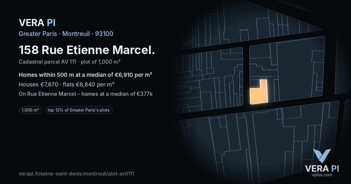 158 Rue Etienne Marcel, Montreuil at night – the plot lit, the parcels around coloured by the prices near them