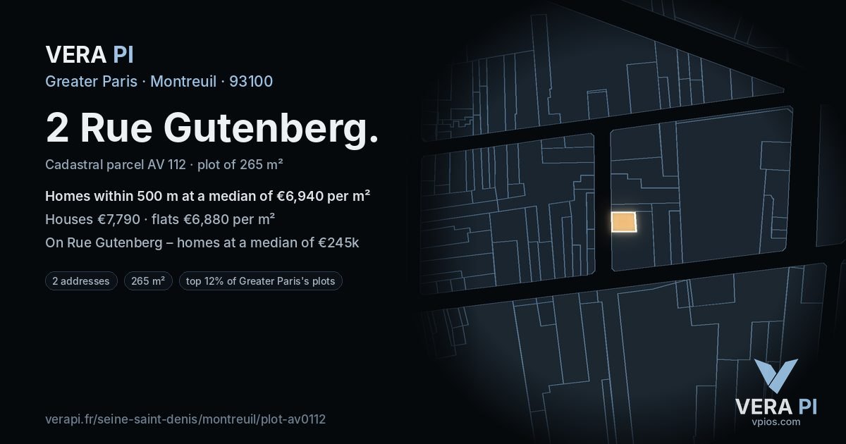 2 Rue Gutenberg, Montreuil at night – the plot lit, the parcels around coloured by the prices near them