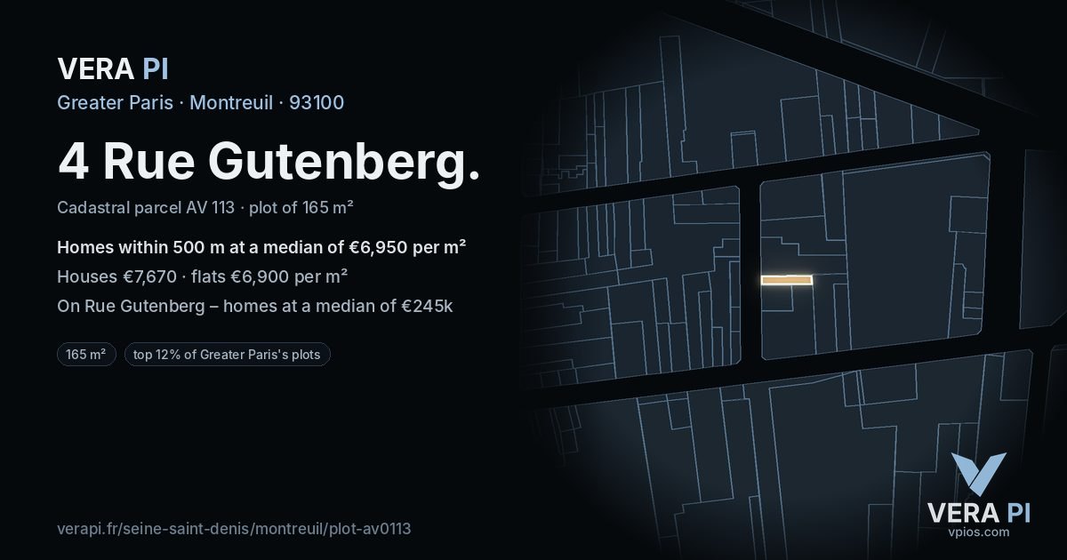 4 Rue Gutenberg, Montreuil at night – the plot lit, the parcels around coloured by the prices near them