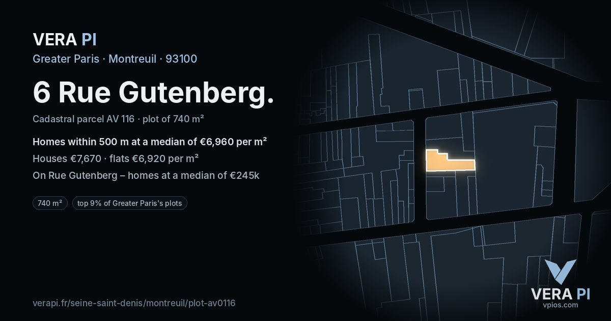 6 Rue Gutenberg, Montreuil at night – the plot lit, the parcels around coloured by the prices near them