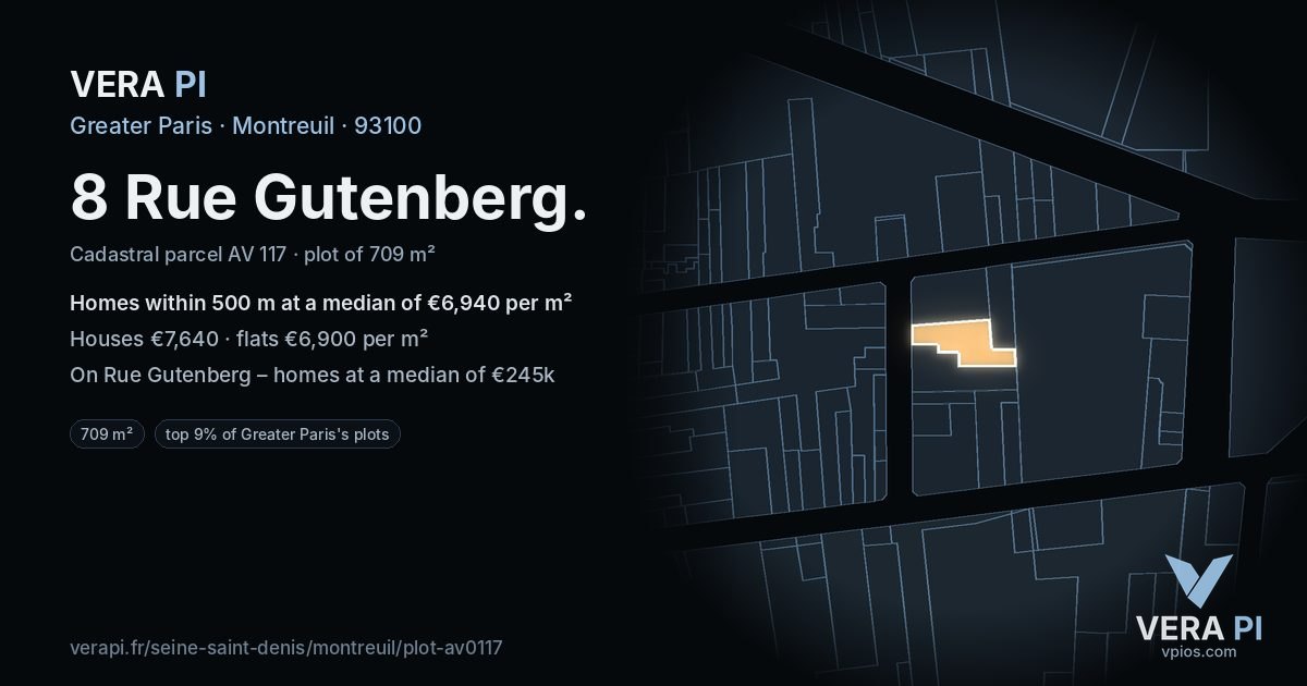 8 Rue Gutenberg, Montreuil at night – the plot lit, the parcels around coloured by the prices near them