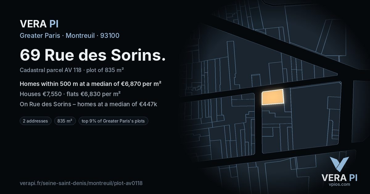 69 Rue des Sorins, Montreuil at night – the plot lit, the parcels around coloured by the prices near them