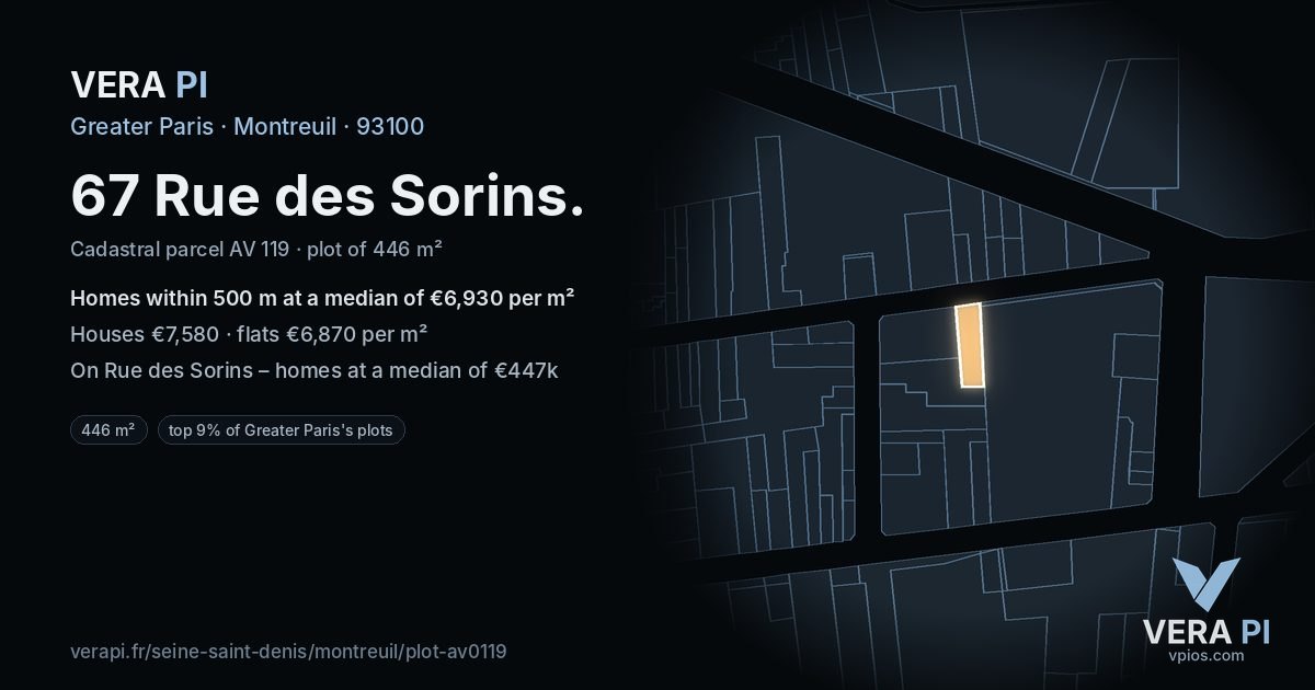 67 Rue des Sorins, Montreuil at night – the plot lit, the parcels around coloured by the prices near them