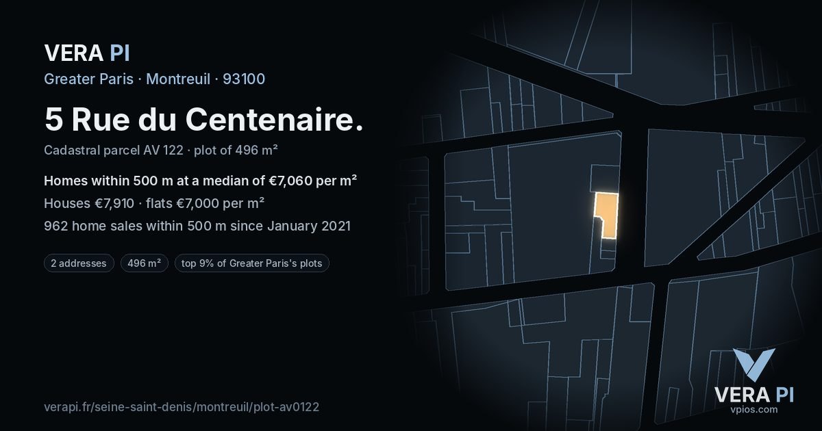 5 Rue du Centenaire, Montreuil at night – the plot lit, the parcels around coloured by the prices near them