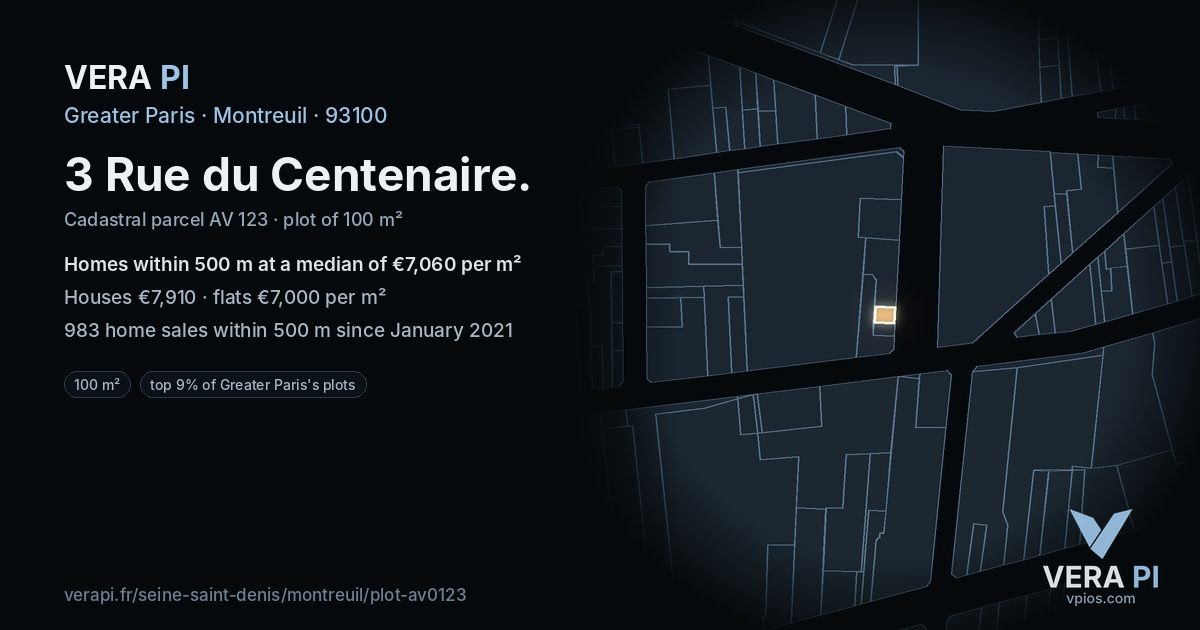 3 Rue du Centenaire, Montreuil at night – the plot lit, the parcels around coloured by the prices near them
