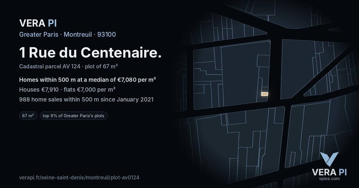 1 Rue du Centenaire, Montreuil at night – the plot lit, the parcels around coloured by the prices near them