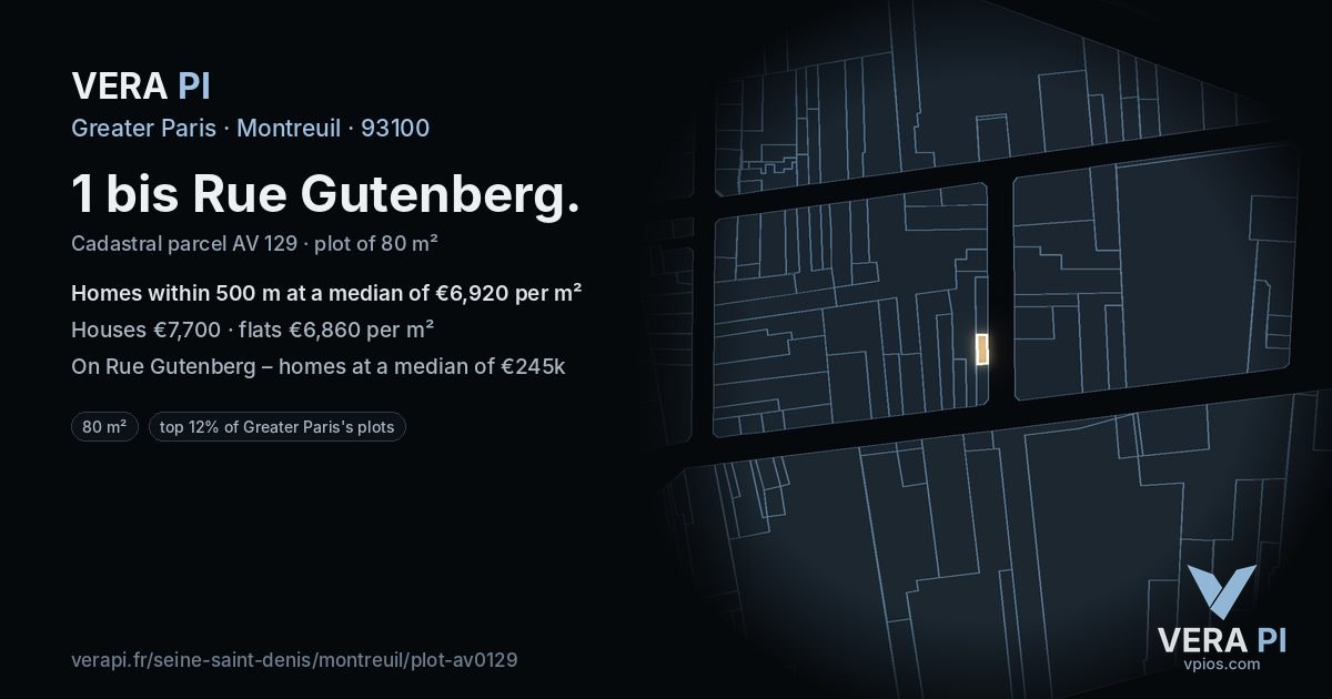 1 bis Rue Gutenberg, Montreuil at night – the plot lit, the parcels around coloured by the prices near them