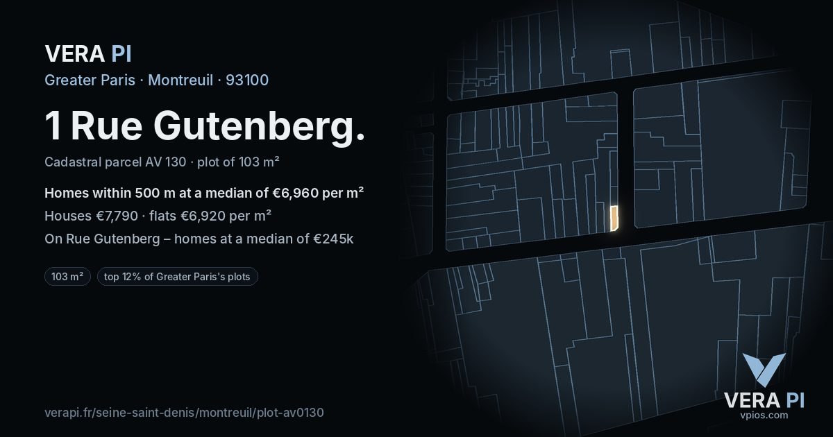 1 Rue Gutenberg, Montreuil at night – the plot lit, the parcels around coloured by the prices near them