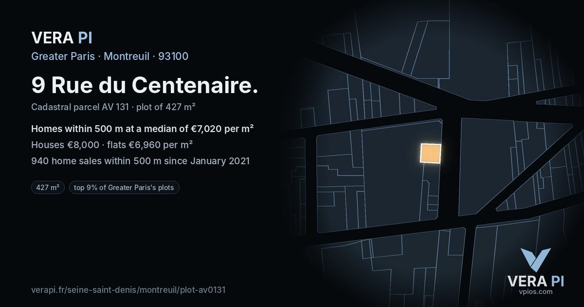 9 Rue du Centenaire, Montreuil at night – the plot lit, the parcels around coloured by the prices near them