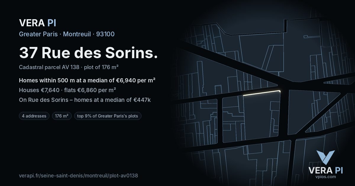 37 Rue des Sorins, Montreuil at night – the plot lit, the parcels around coloured by the prices near them