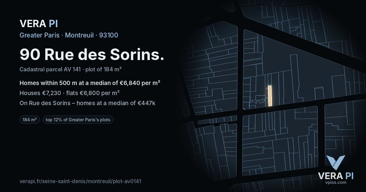 90 Rue des Sorins, Montreuil at night – the plot lit, the parcels around coloured by the prices near them