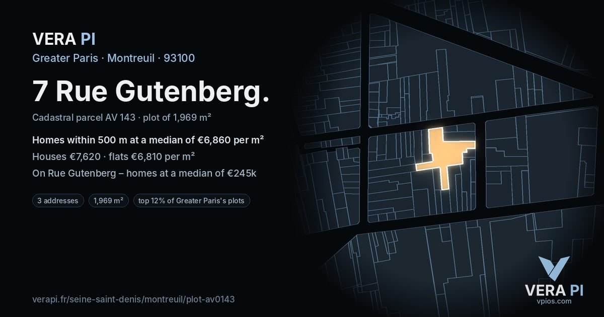7 Rue Gutenberg, Montreuil at night – the plot lit, the parcels around coloured by the prices near them