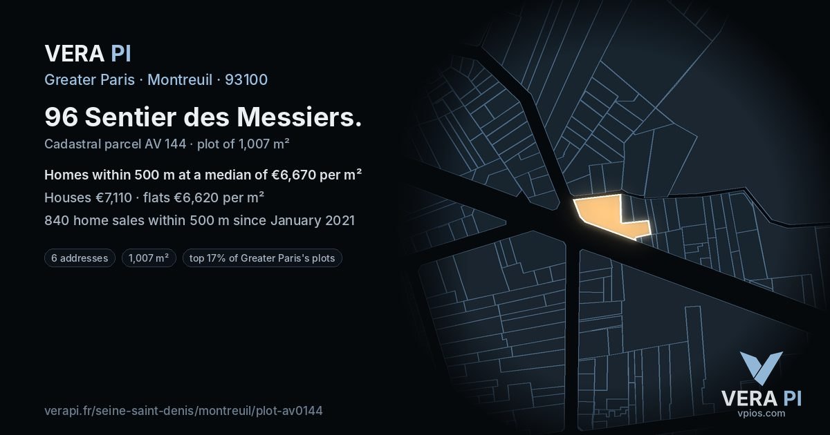 96 Sentier des Messiers, Montreuil at night – the plot lit, the parcels around coloured by the prices near them