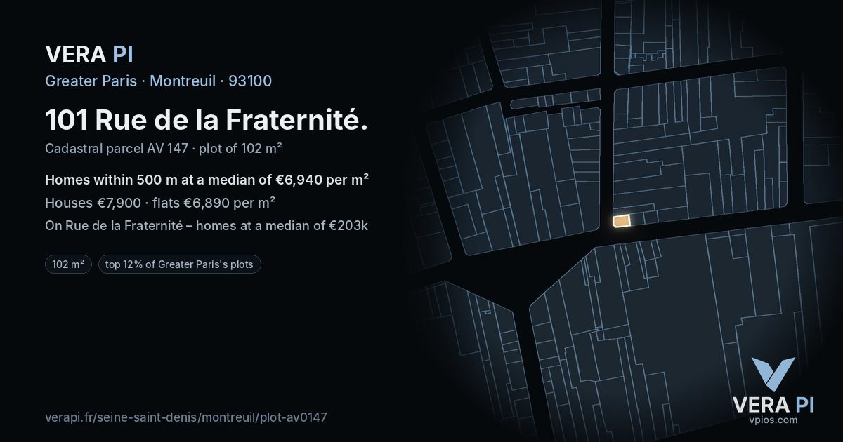 101 Rue de la Fraternité, Montreuil at night – the plot lit, the parcels around coloured by the prices near them