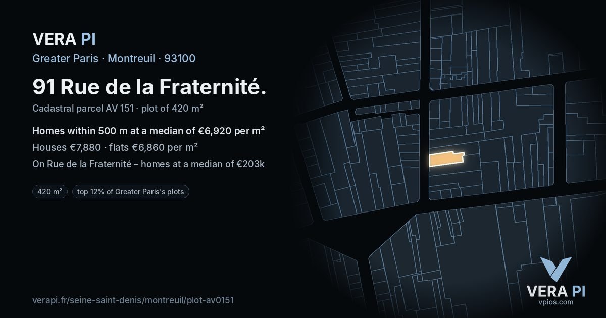 91 Rue de la Fraternité, Montreuil at night – the plot lit, the parcels around coloured by the prices near them