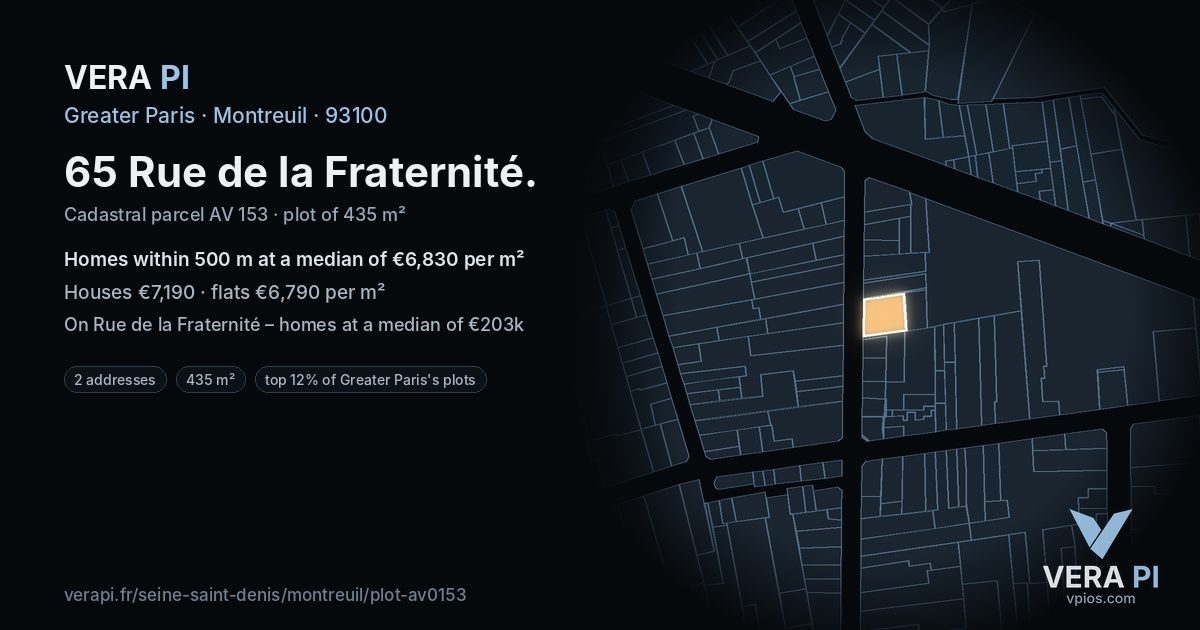 65 Rue de la Fraternité, Montreuil at night – the plot lit, the parcels around coloured by the prices near them