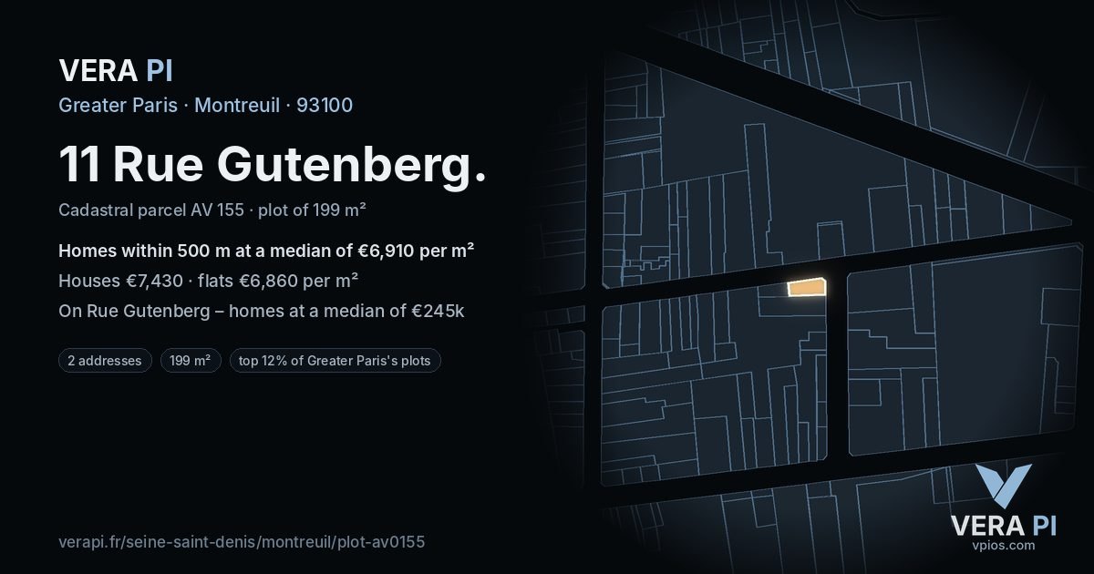 11 Rue Gutenberg, Montreuil at night – the plot lit, the parcels around coloured by the prices near them