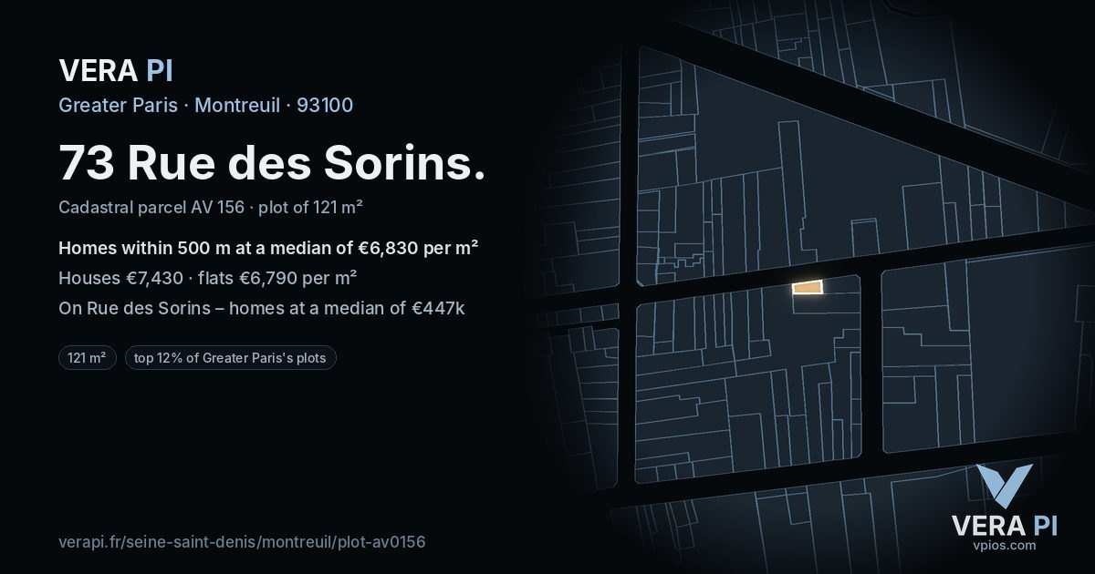 73 Rue des Sorins, Montreuil at night – the plot lit, the parcels around coloured by the prices near them