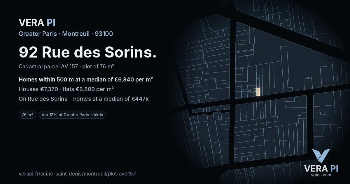 92 Rue des Sorins, Montreuil at night – the plot lit, the parcels around coloured by the prices near them