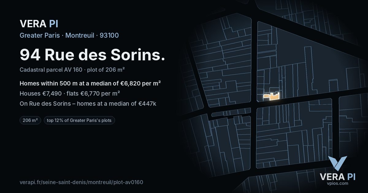 94 Rue des Sorins, Montreuil at night – the plot lit, the parcels around coloured by the prices near them