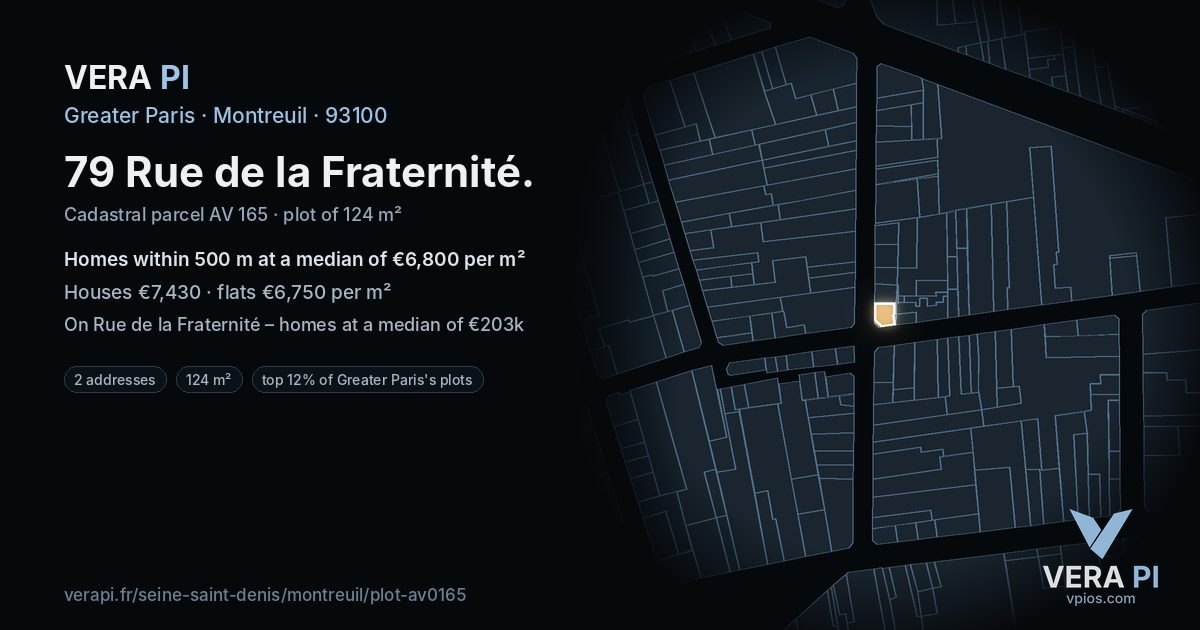 79 Rue de la Fraternité, Montreuil at night – the plot lit, the parcels around coloured by the prices near them