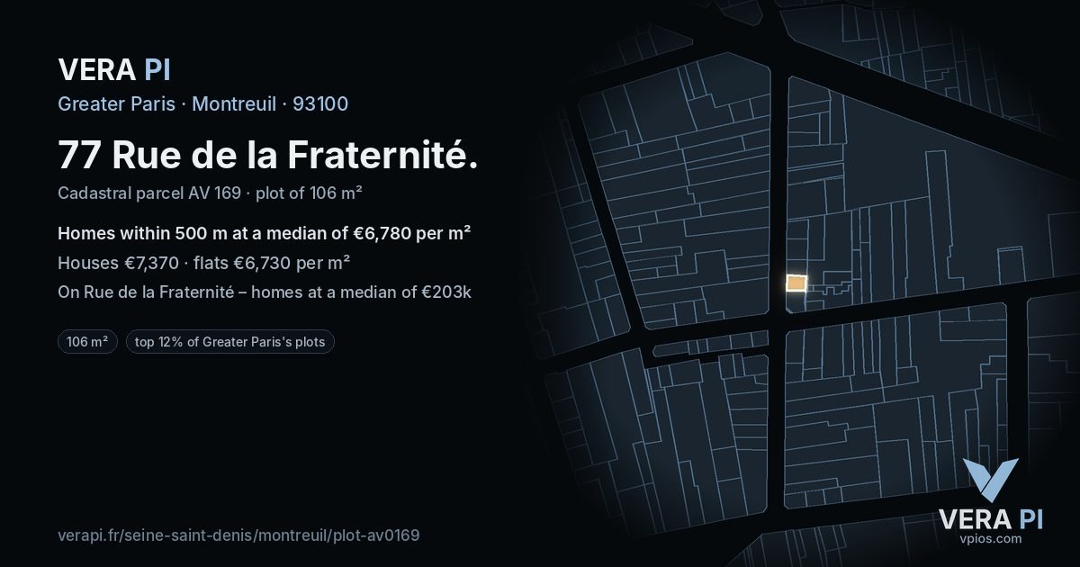 77 Rue de la Fraternité, Montreuil at night – the plot lit, the parcels around coloured by the prices near them
